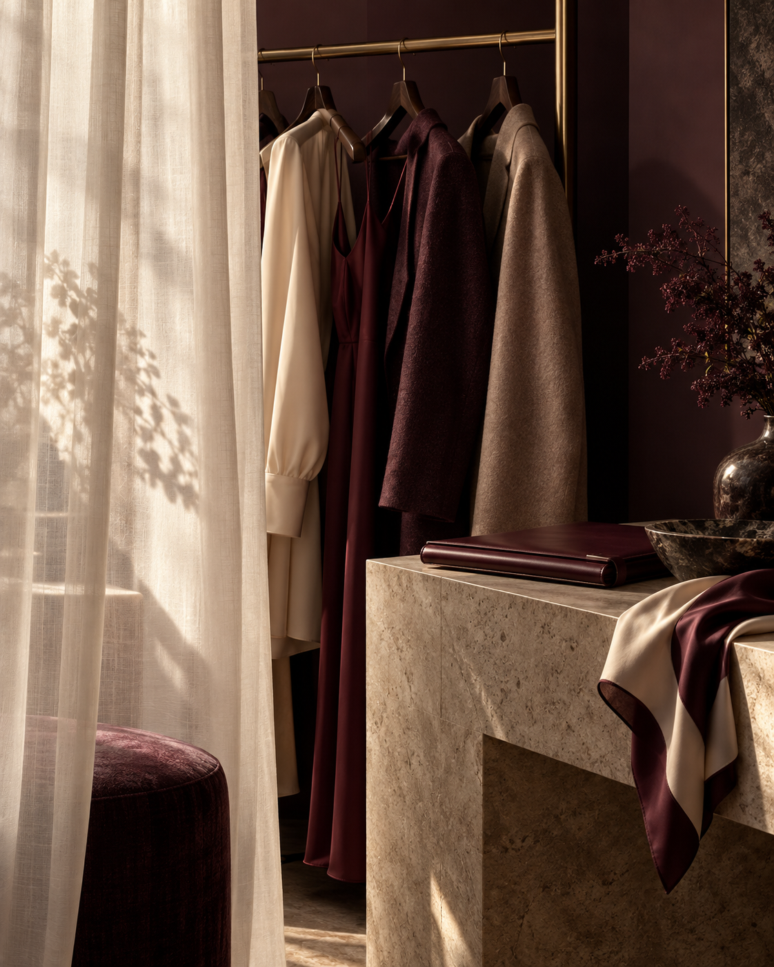 Curated garments and a closed portfolio behind a soft curtain